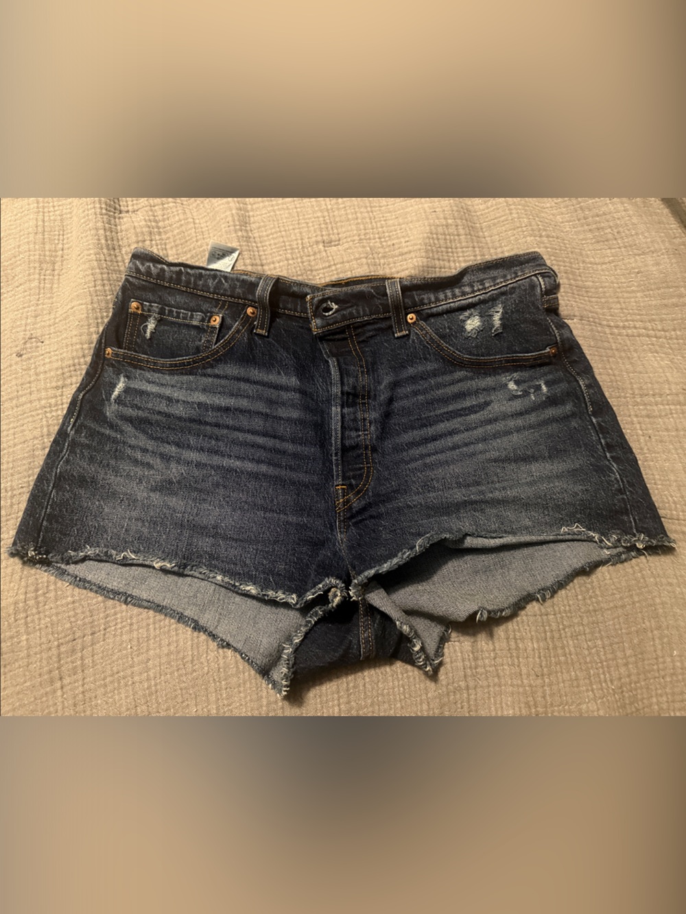 Levi's Dark Indigo Distressed Frayed Hem Jean Shorts